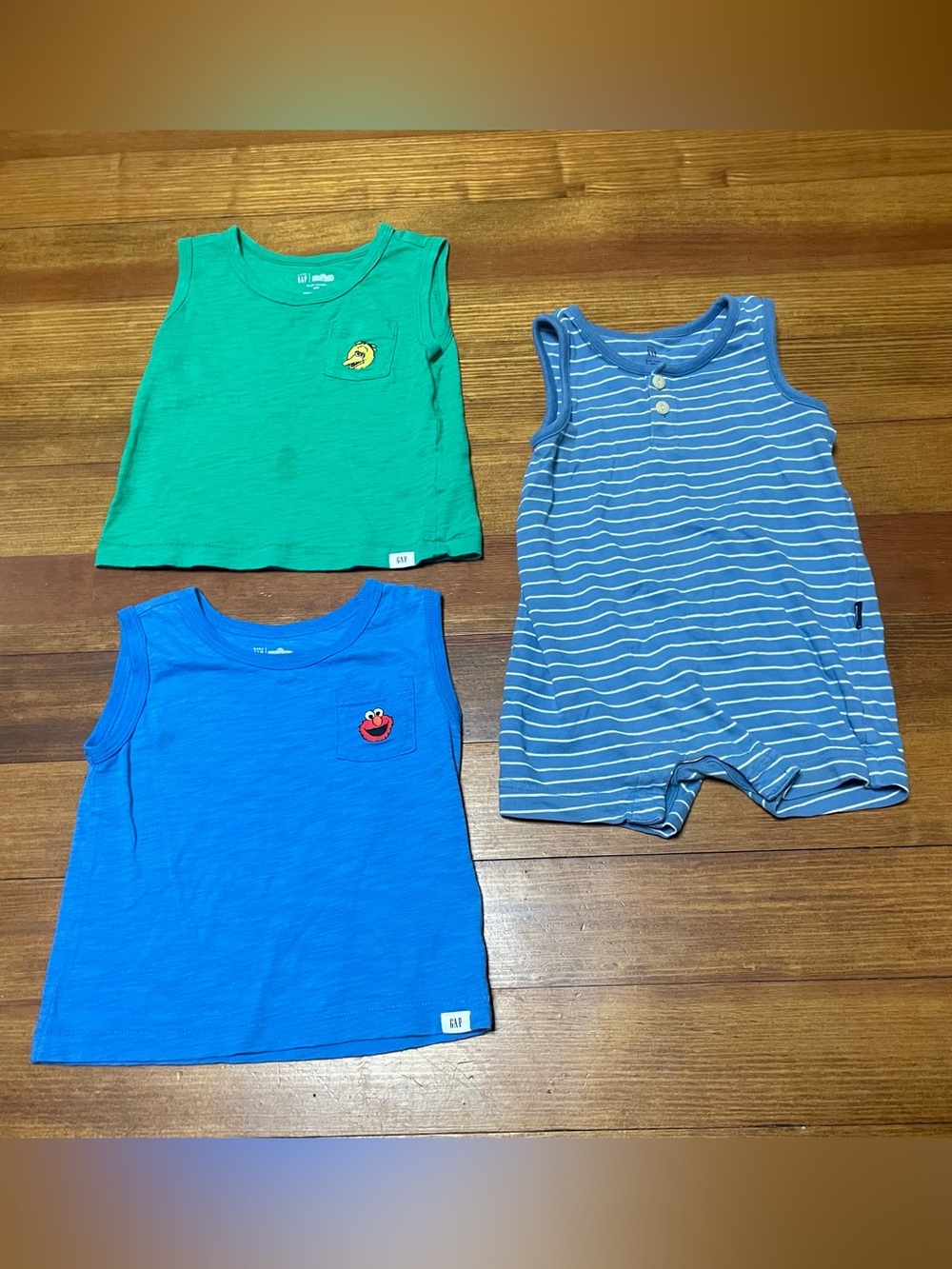Baby GAP Blue & Green Sesame Street Tank Tops and Striped Blue Romper Set